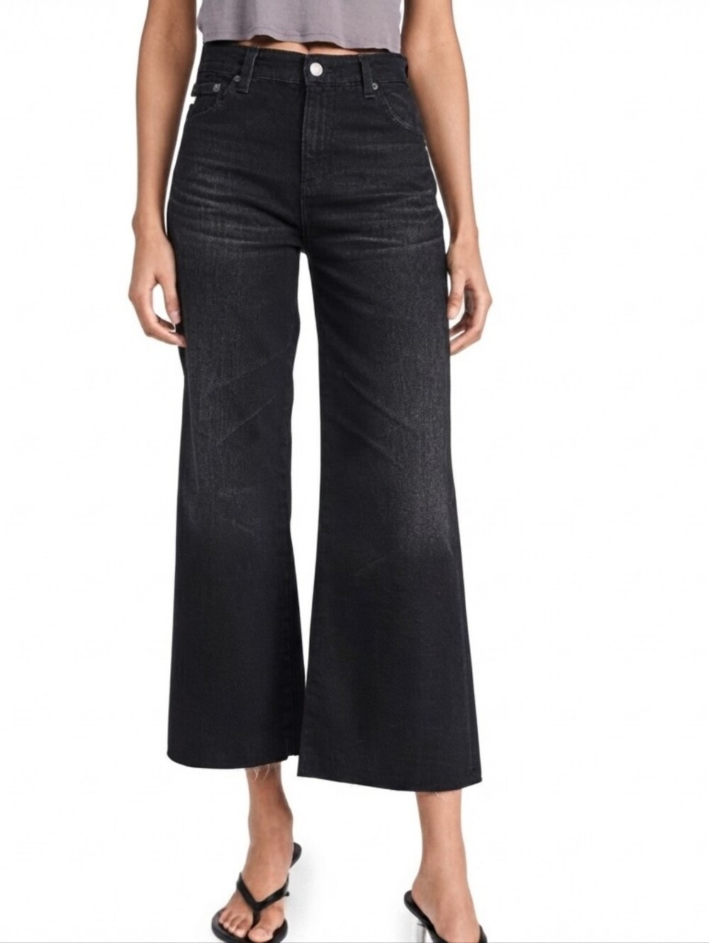 AG Adriano Goldschmied The Saige Wide Leg Crop Jeans Size 28 Super Black Raw Hem